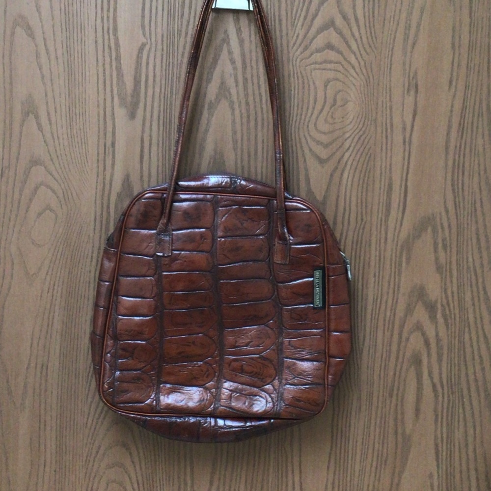 Fred de la Bretoniere brown leather purse shoulder bag croc print dual handle